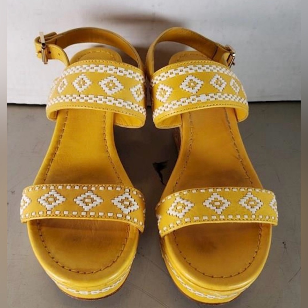 * Tory Burch Yellow Leather Platform Wedge Sandals SZ 8 *
